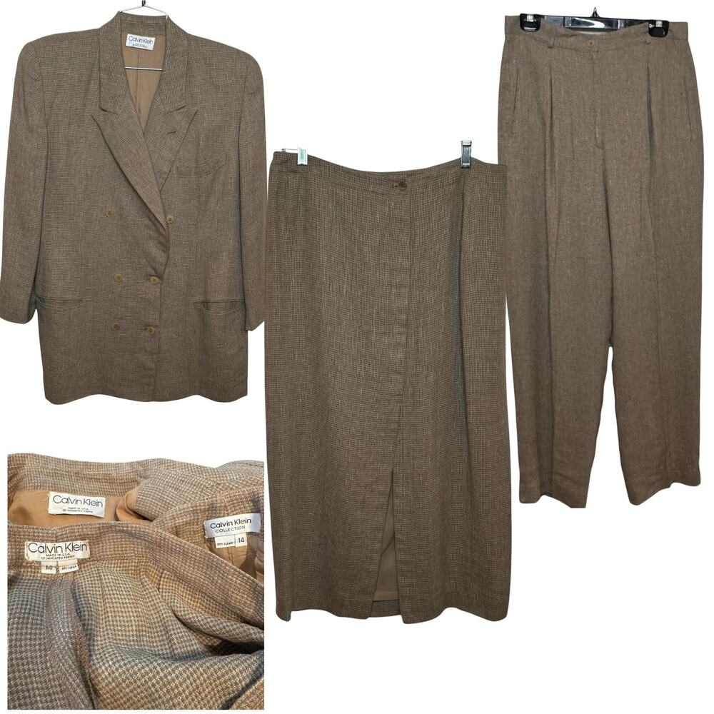 Vintage 1980;s Calvin Klein 3 Piece Set Size 14 Tan Blazer Jacket Skirt Pants